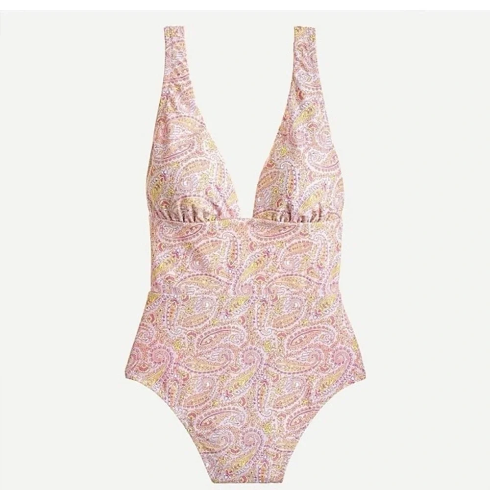 J. Crew Eco Plunge V Neck One Piece Swimsuit in Beach Paisley Sz 12